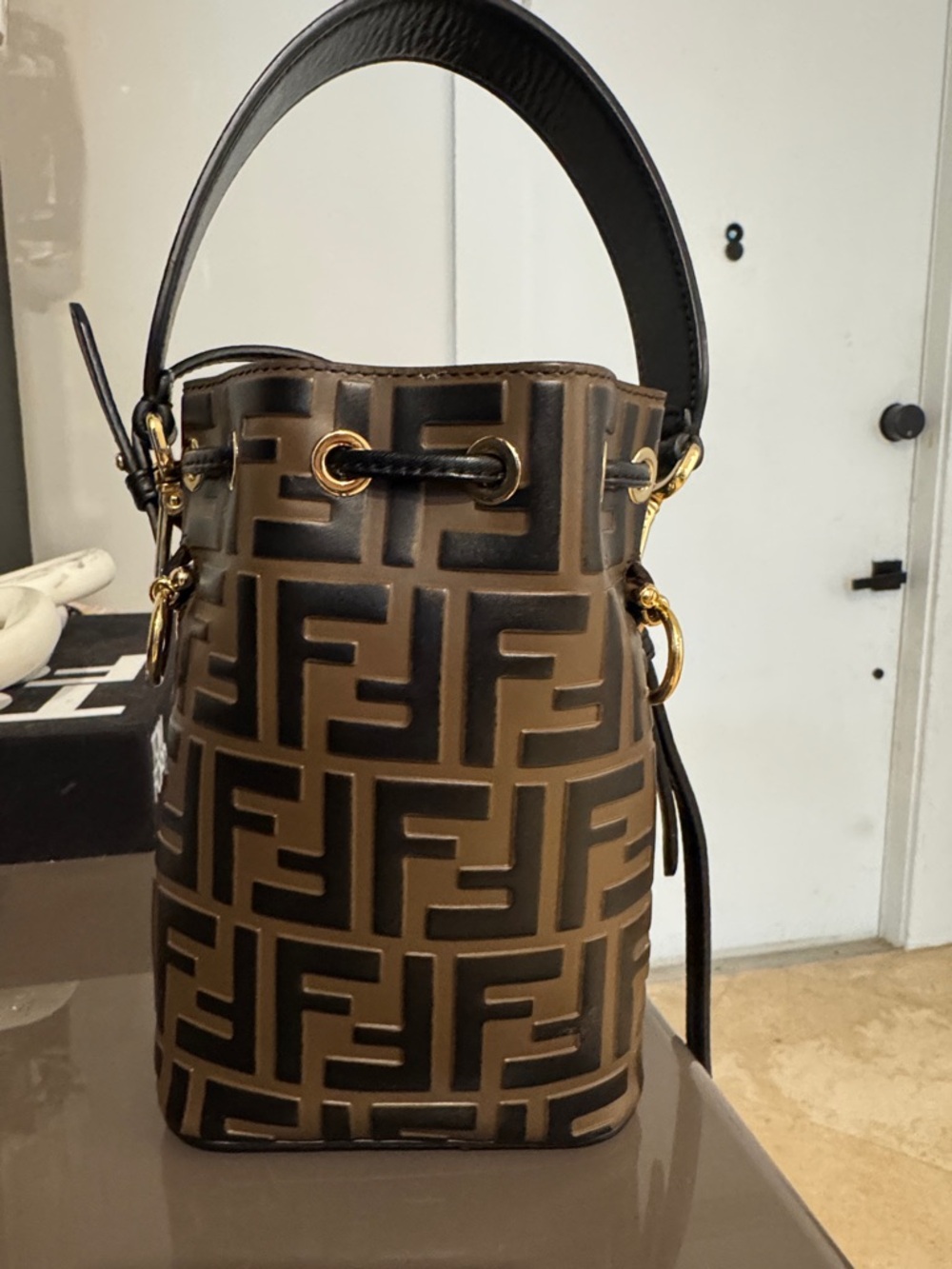 Fendi Brown FF Logo Mini Bucket Bag with Gold Hardware - Picture 5 of 12